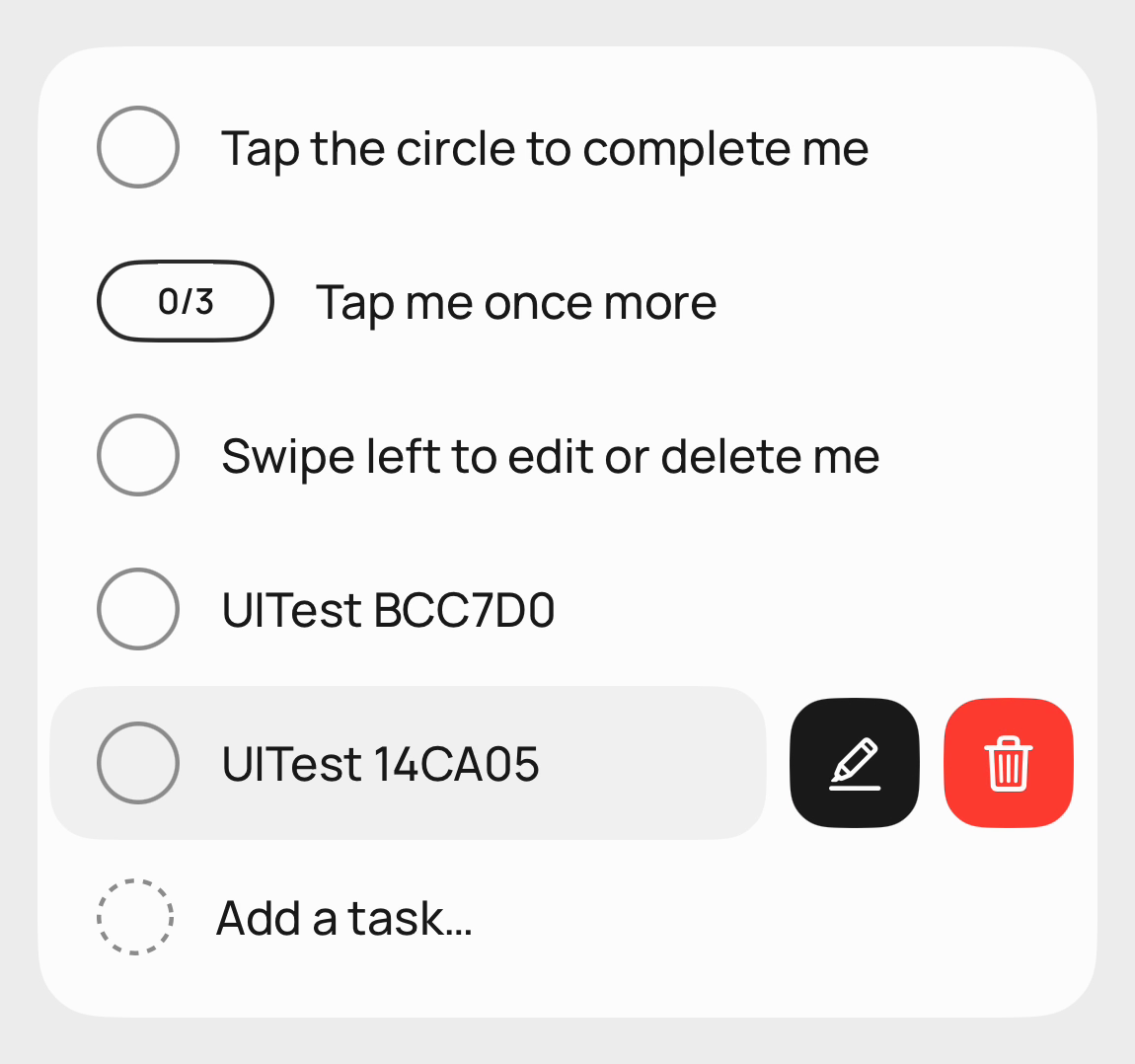 The TUGAS task list in the simulator during a UI test. Two tasks named “UITest BCC7D0” and “UITest 14CA05” — created by the test itself — sit among the app’s demo tasks. The bottom one has been swiped open by the test, revealing the black Edit and red Delete buttons it is about to tap.